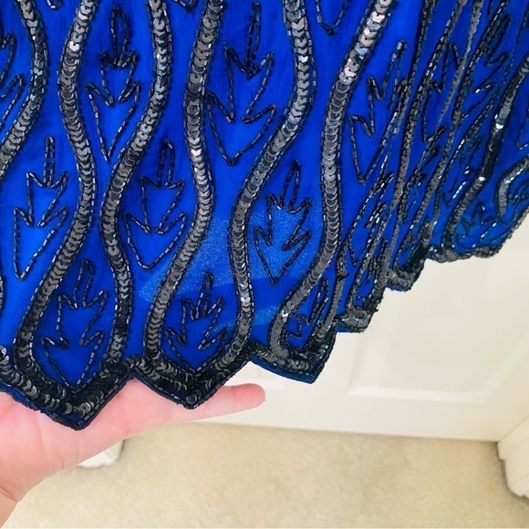 Stenay Vintage Royal Blue Silk with Black Sequins Beaded Formal Dress Size 12 - Picture 6 of 9